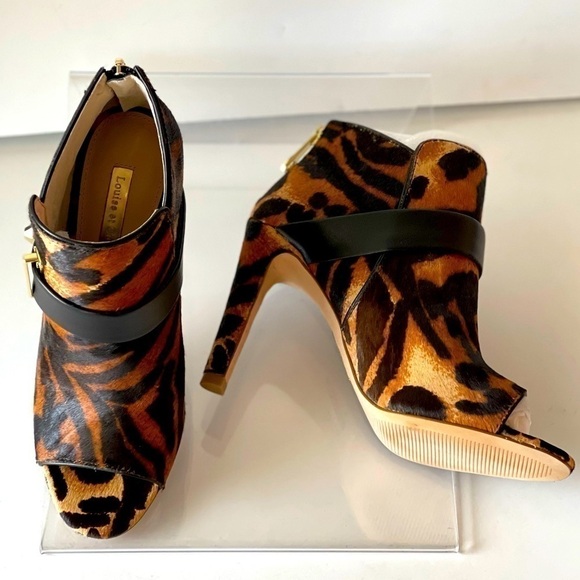 Women's Leopard Fur Ankle Bootie Stiletto Platform Pumps Heels Open Toe, Sz 6.5M - Picture 4 of 10